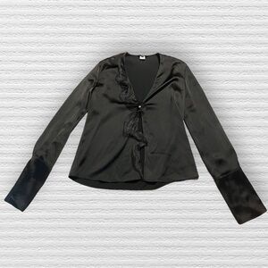 Vintage Italian Krizia Black Satin Elegant Ruffle Open Front Top IT Size 42